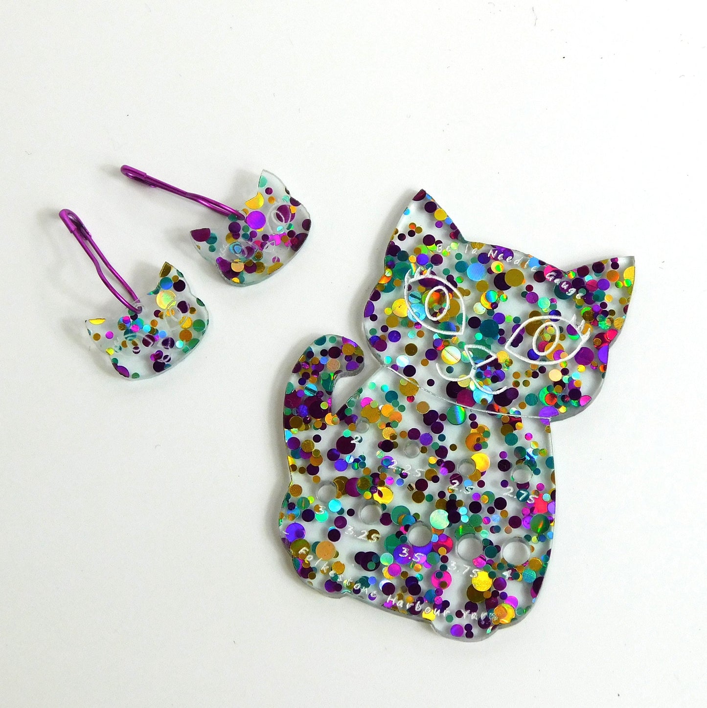 Bella Cat Mini Knitting Needle Gauge Metric Purple Gold Blue Confetti Glitter