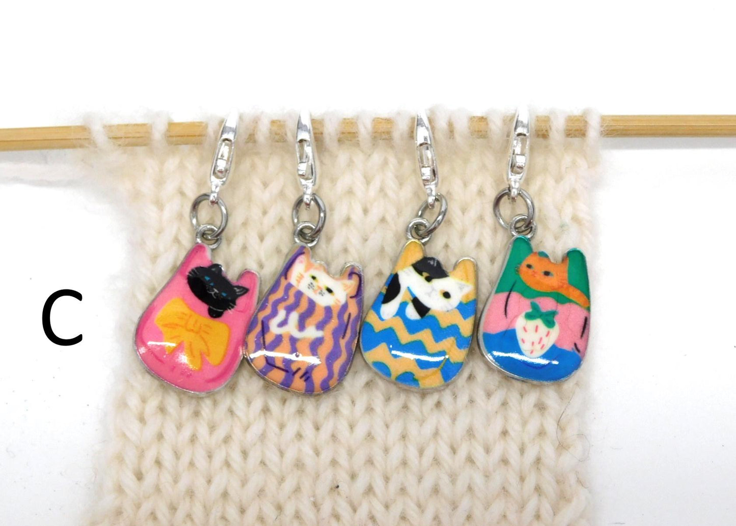 Cats in Bags Stitch Markers set of 4 on lobster clasps  3 Options