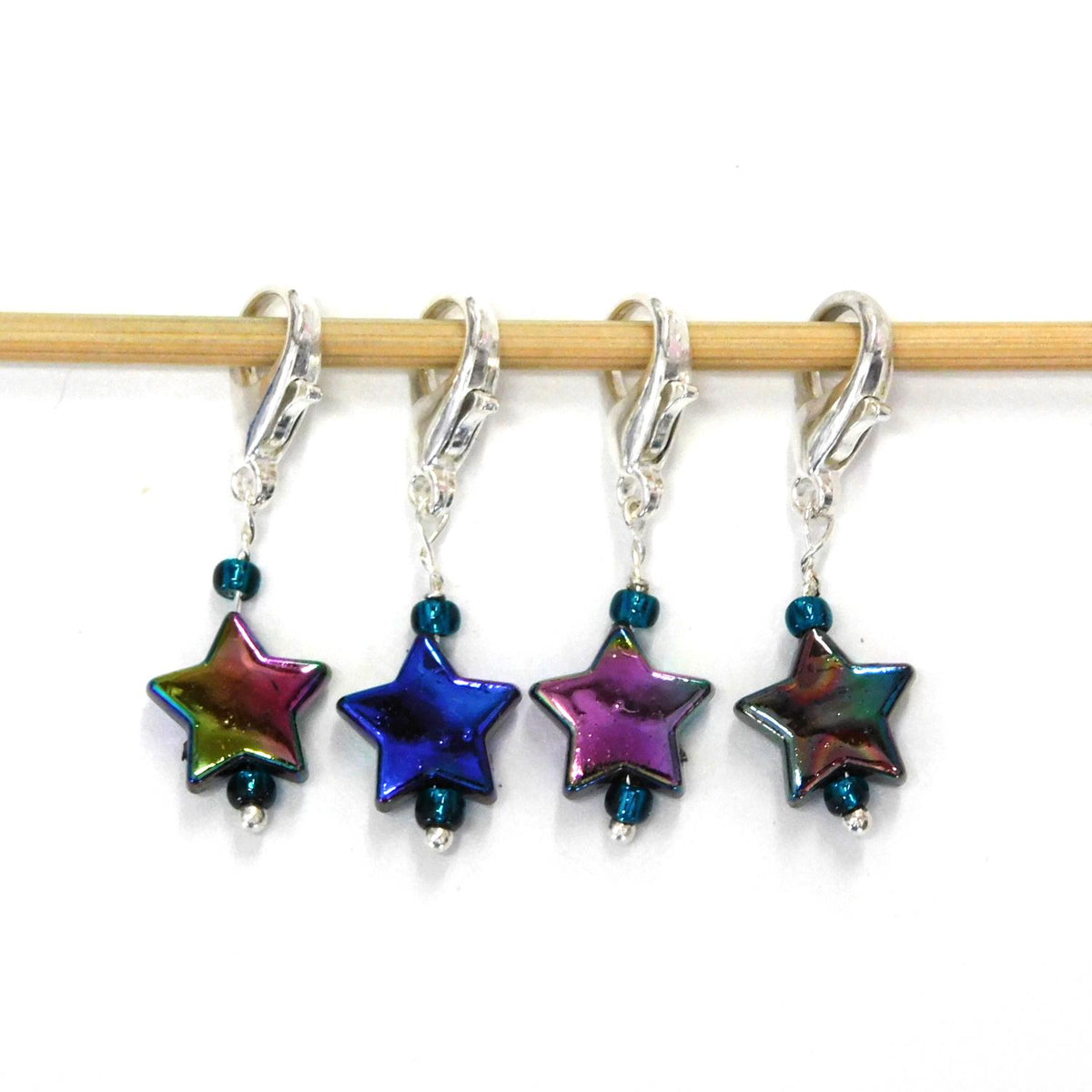 Iridescent Star Stitch Markers set of 4 on moveable clasps