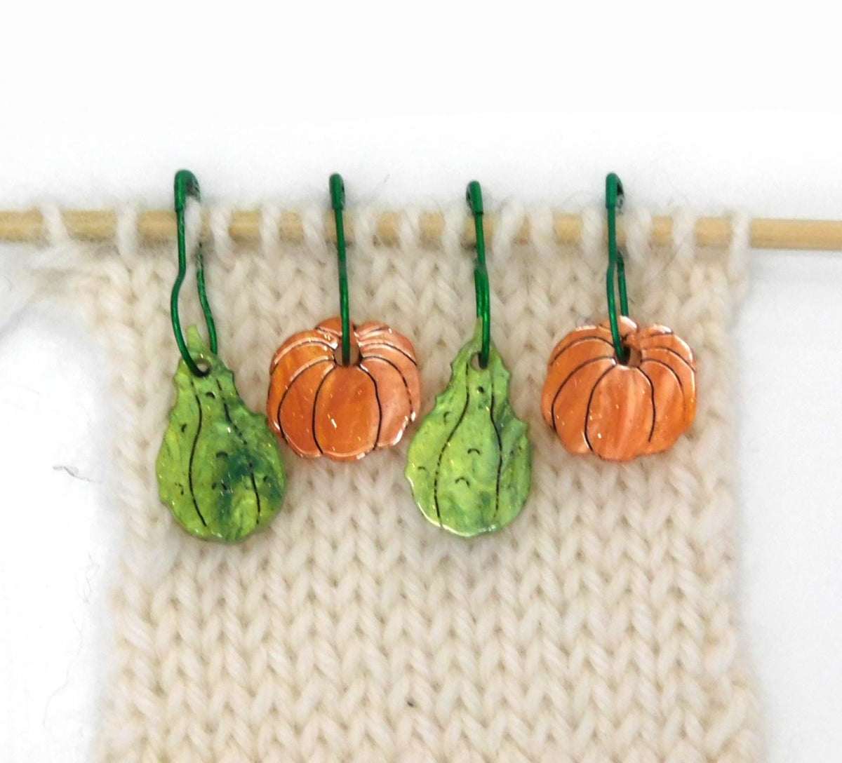 Pumpkins & Gourds Stitch Markers Set of 4      Orange Green Gold Shimmer