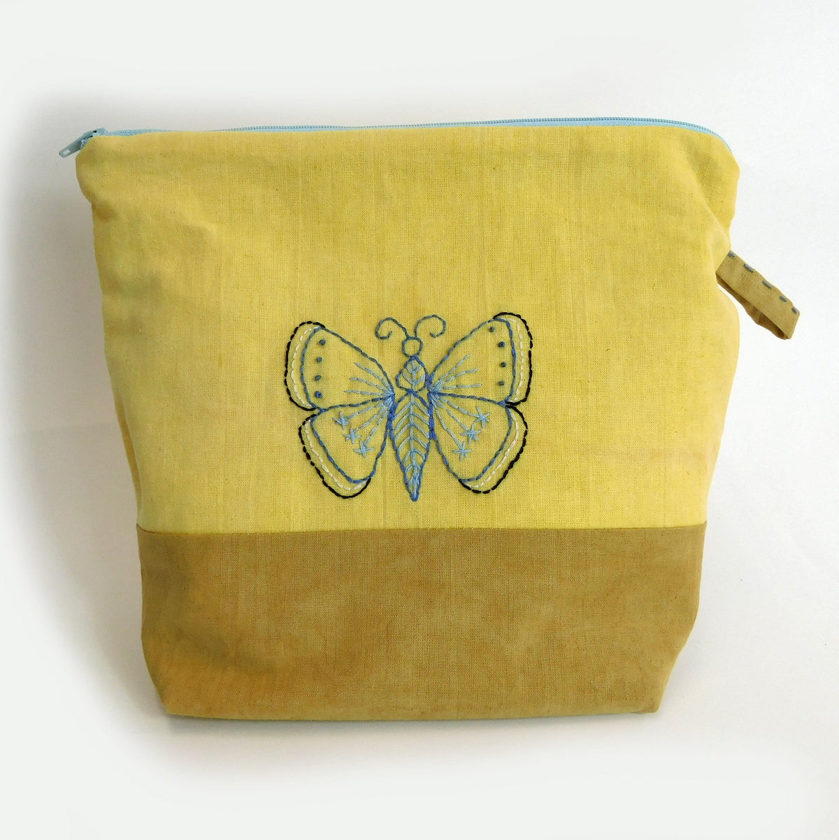 Hand Embroidered Butterfly Pouch: Naturally Dyed Cotton Zip Bag