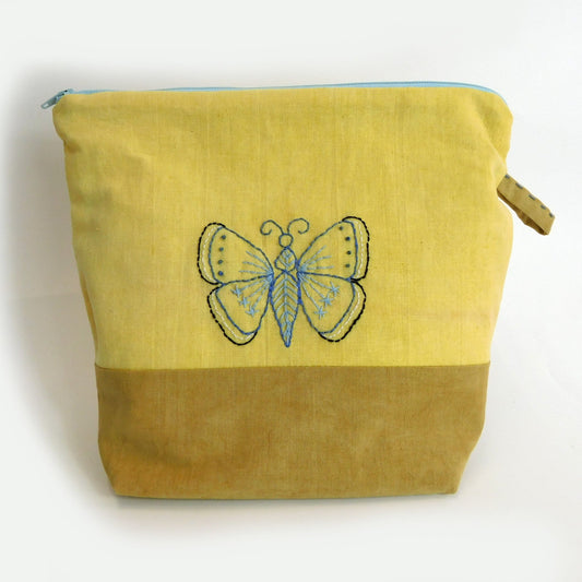 Hand Embroidered Butterfly Pouch: Naturally Dyed Cotton Zip Bag