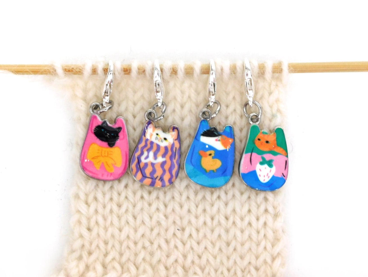 Cats in Bags Stitch Markers set of 4 on lobster clasps  3 Options
