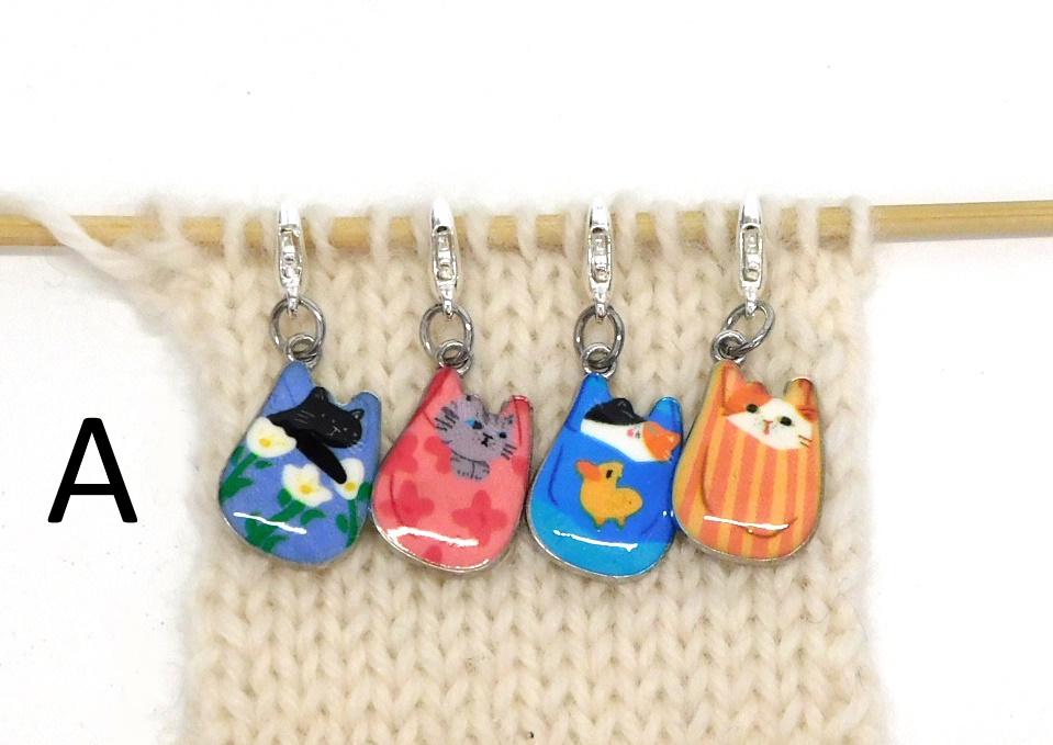 Cats in Bags Stitch Markers set of 4 on lobster clasps  3 Options