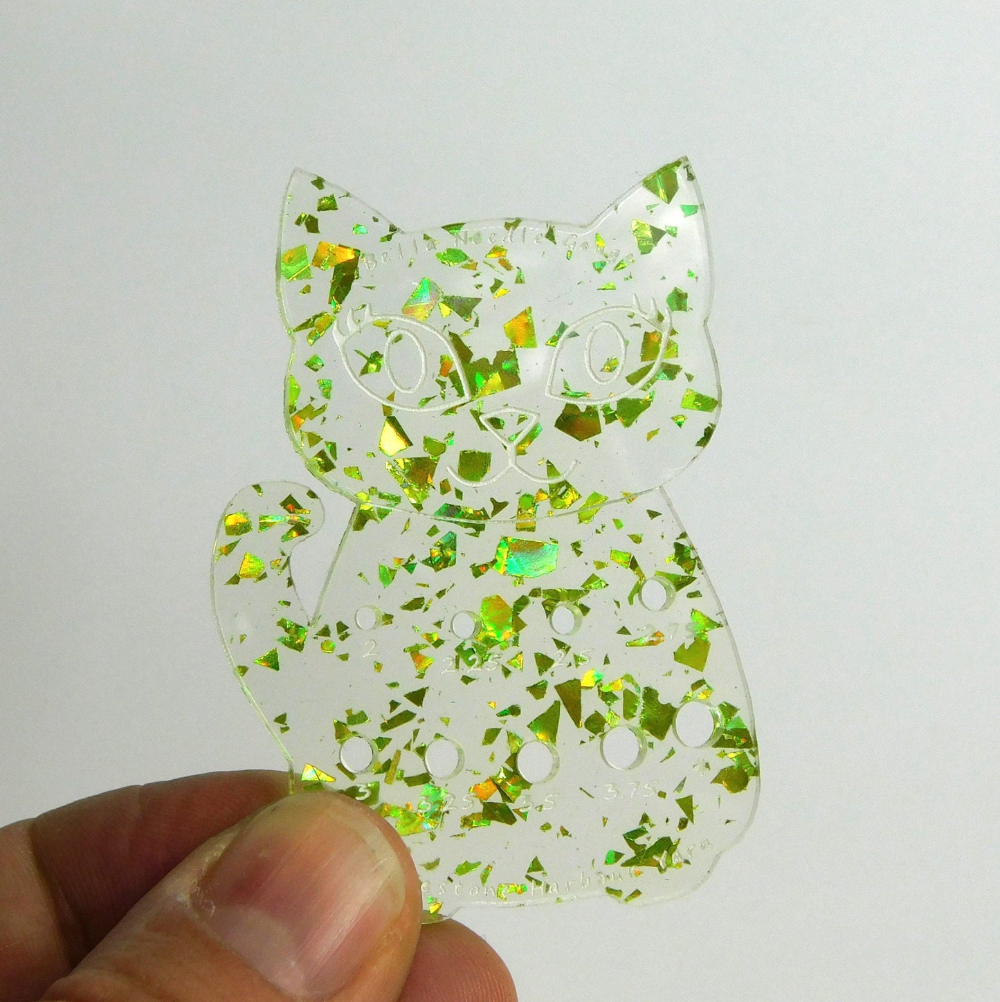 Bella Cat Knitting Needle Gauge: Lime Green Disco Glitter Acrylic