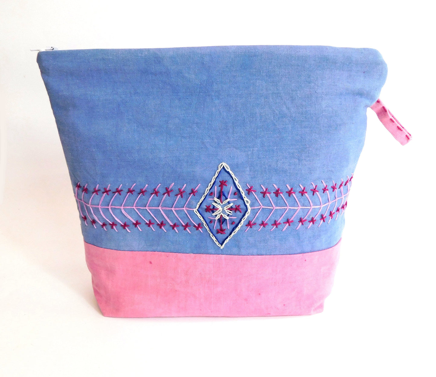 Hand Embroidered Zip Project Bag: Naturally Dyed Cotton Pouch