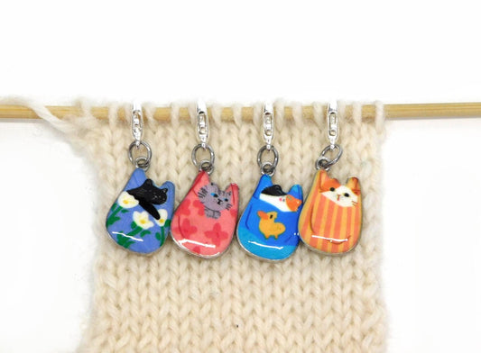 Cats in Bags Stitch Markers set of 4 on lobster clasps  3 Options