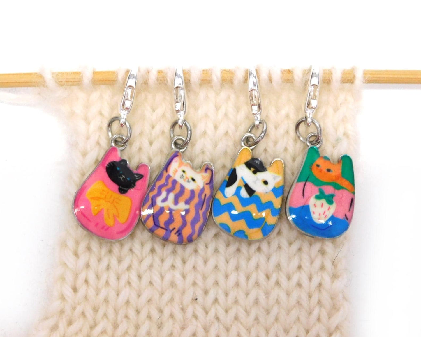 Cats in Bags Stitch Markers set of 4 on lobster clasps  3 Options