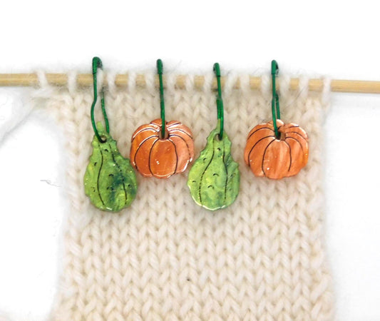 Pumpkins & Gourds Stitch Markers Set of 4      Orange Green Gold Shimmer