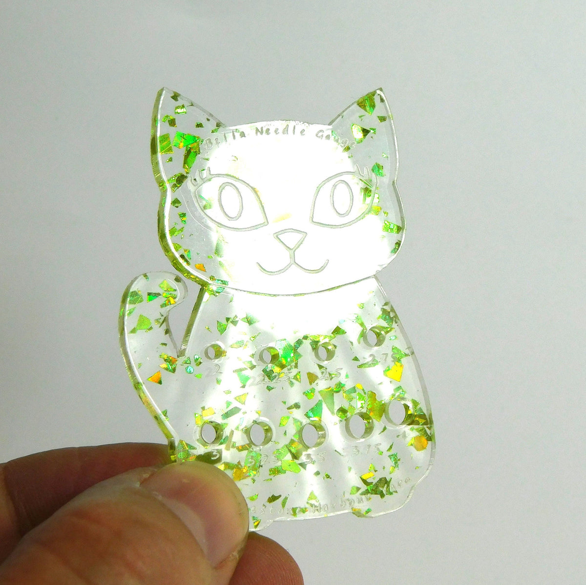Bella Cat Knitting Needle Gauge: Lime Green Disco Glitter Acrylic