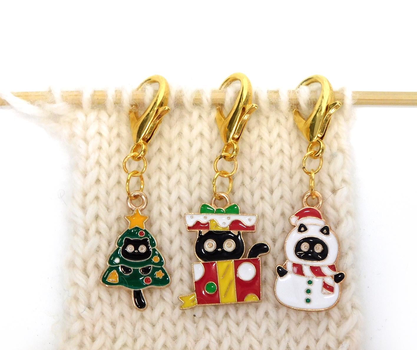 Christmas Cats Stitch Markers set of 3 on lobster clasps