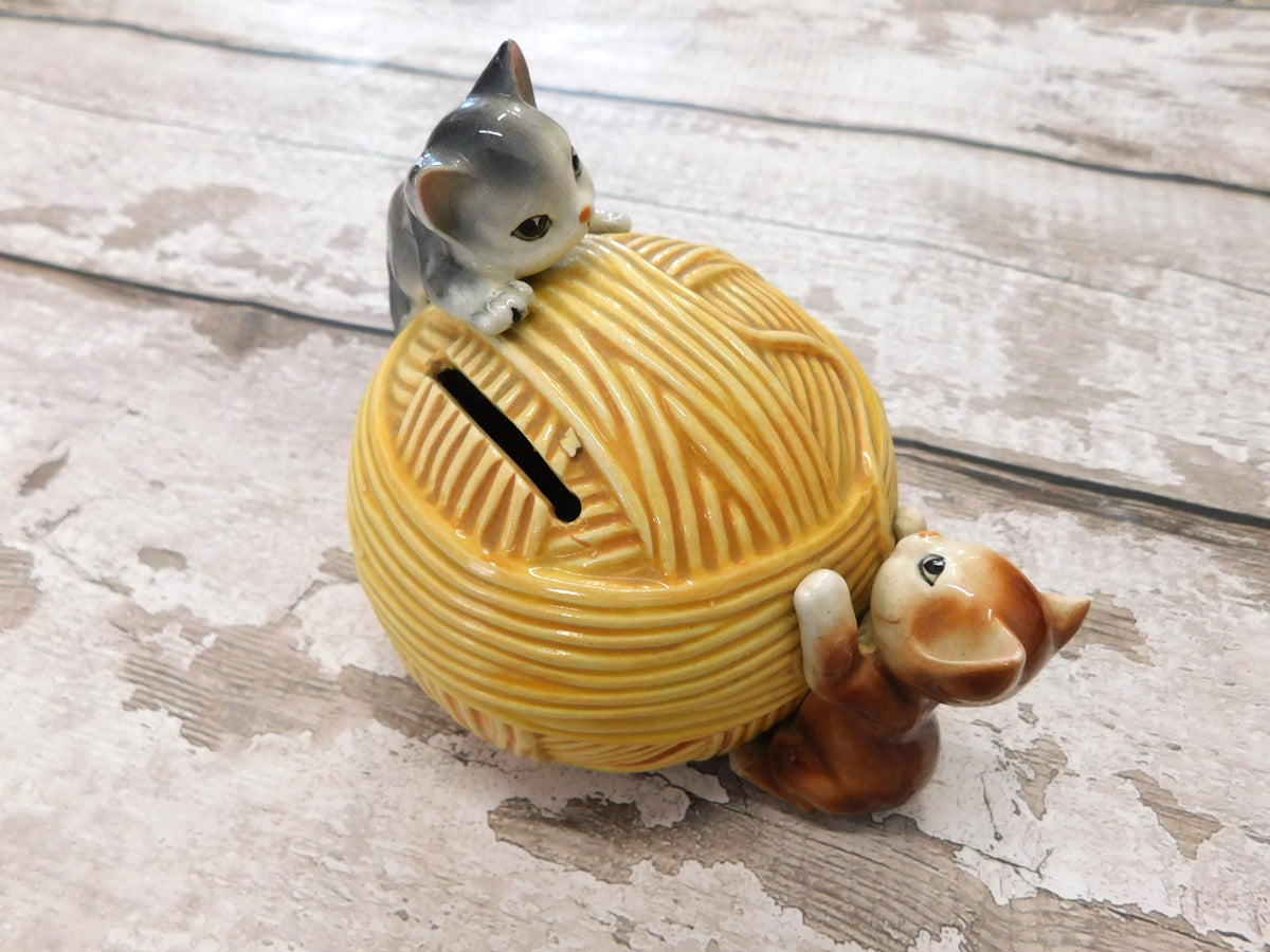 Vintage Ceramic Kittens on a Yarn Ball Piggy Bank