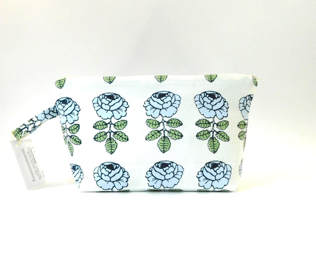 Marimekko Vihkiruusu Fabric Zip Pouch in White Blue            size Large 10"