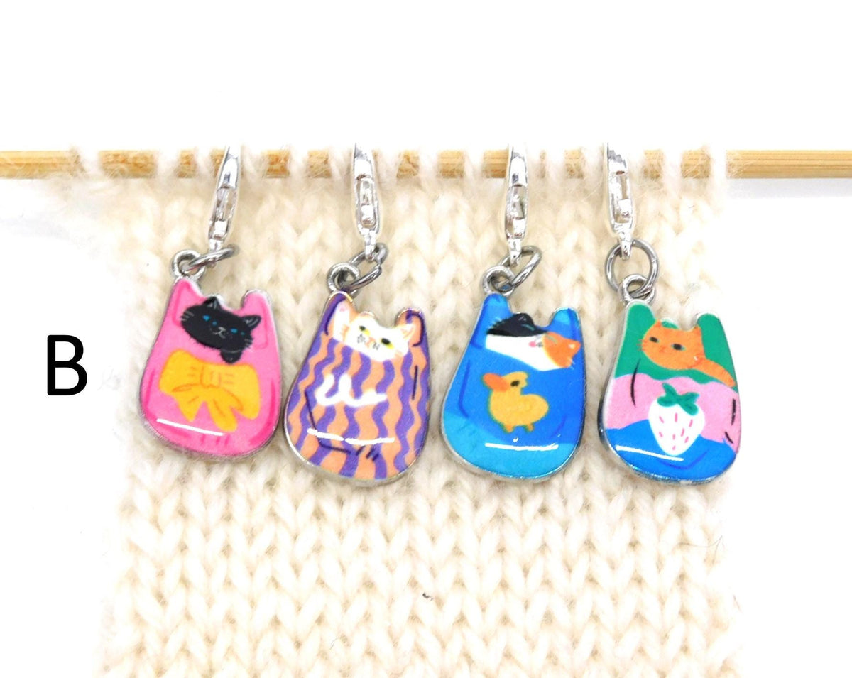 Cats in Bags Stitch Markers set of 4 on lobster clasps  3 Options