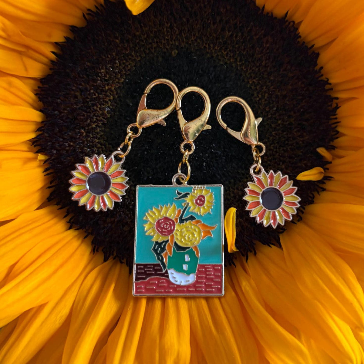 Van Gogh Sunflowers inspired Stitch Markers    set of 3 on lobster clasps