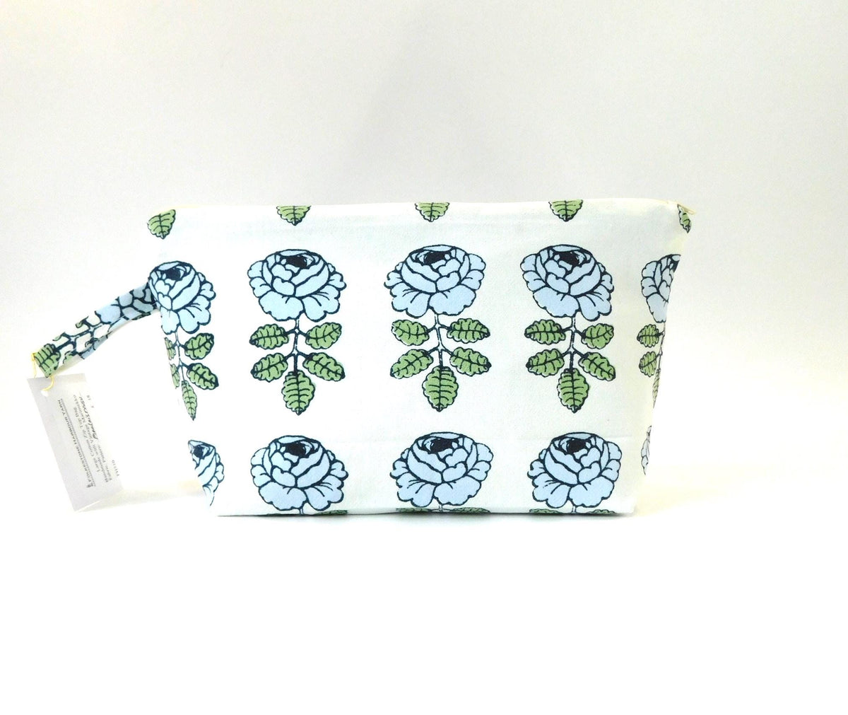 Marimekko Vihkiruusu Fabric Zip Pouch in White Blue            size Large 10"