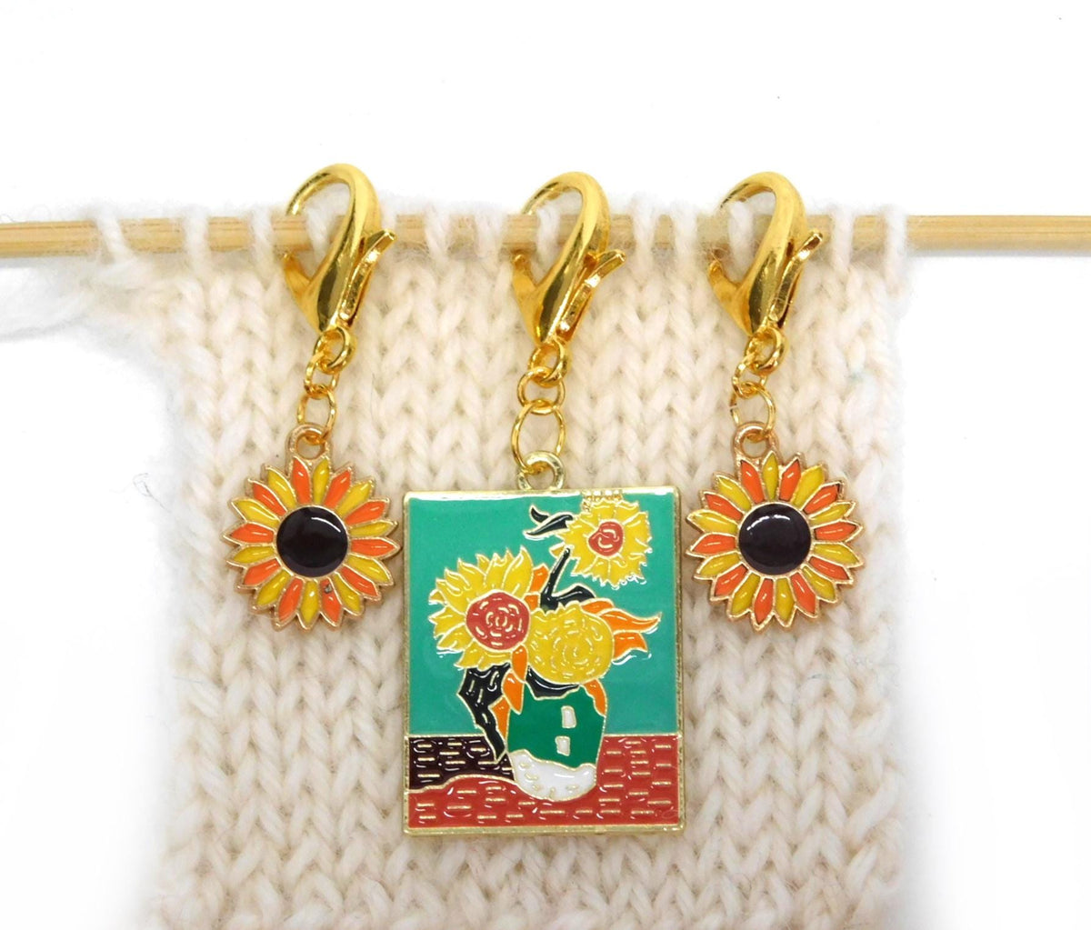 Van Gogh Sunflowers inspired Stitch Markers    set of 3 on lobster clasps