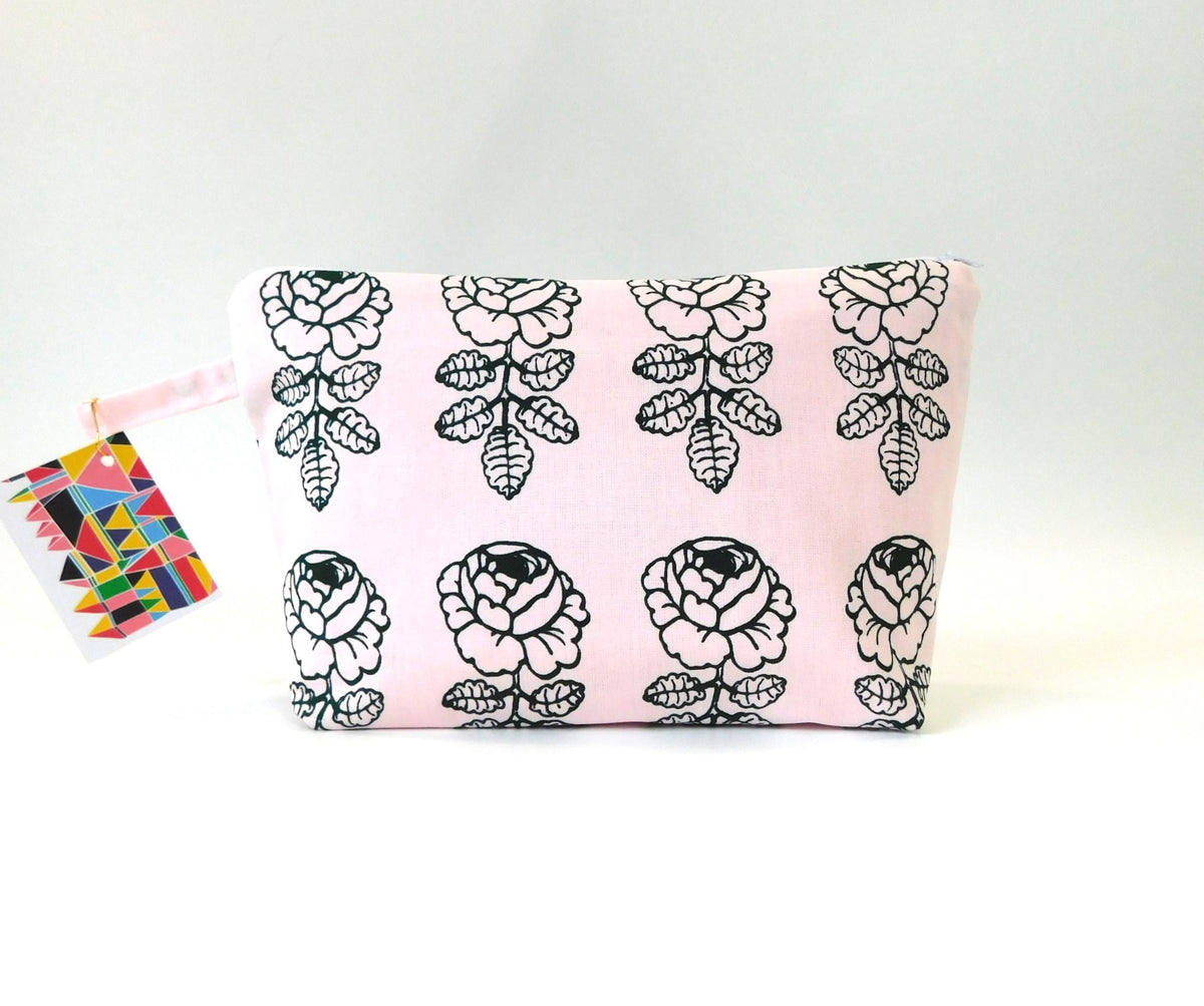Marimekko Vihkiruusu Fabric Zip Pouch in Pale Pink Black      2 options      size Large 10"