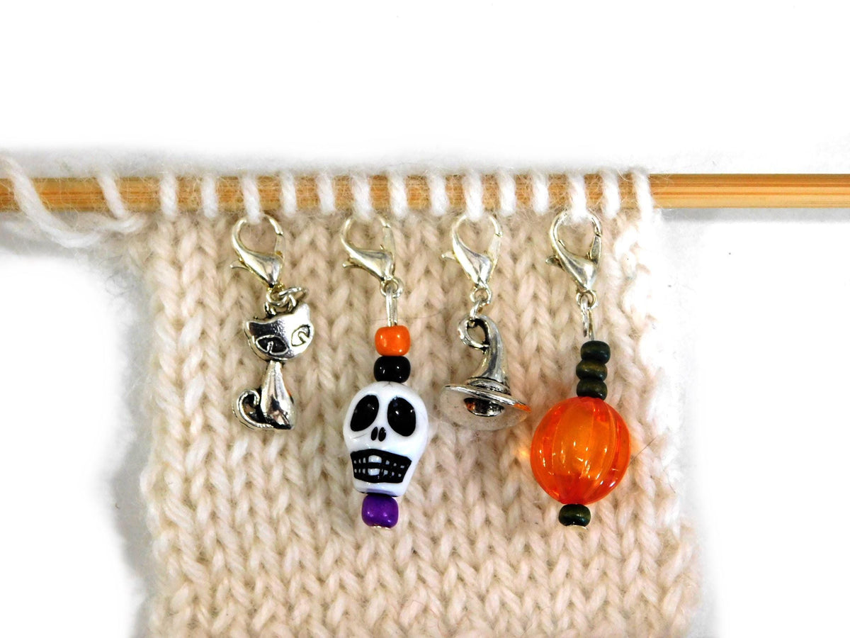 Halloween Stitch Markers Set of 4      Silver Beaded Pumpkin + Skull