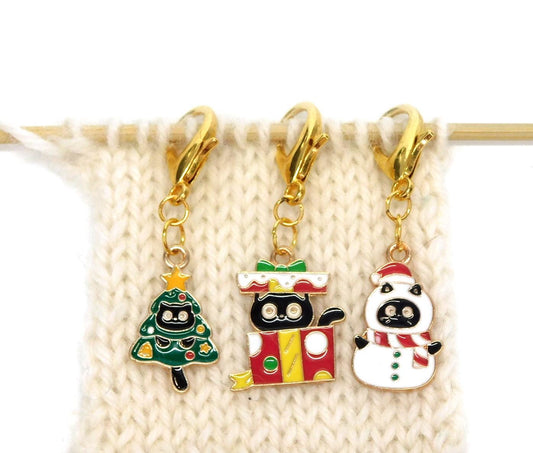 Christmas Cats Stitch Markers set of 3 on lobster clasps