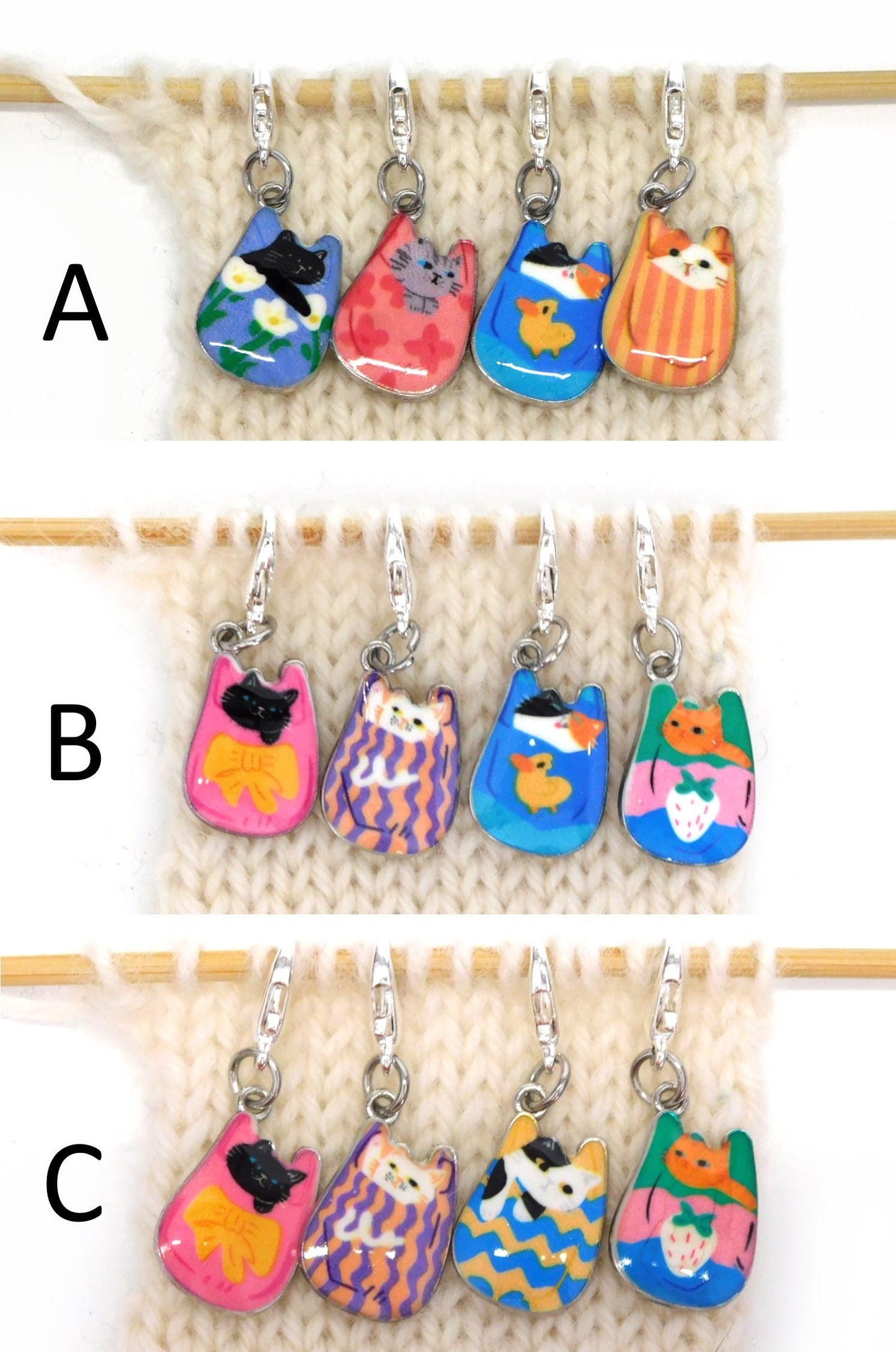 Cats in Bags Stitch Markers set of 4 on lobster clasps  3 Options